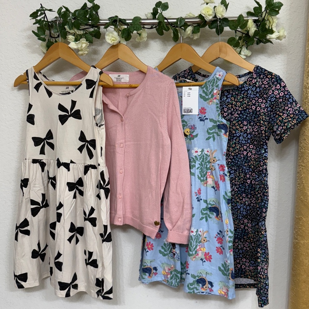 H&M • 4 Piece Lot of Bow Print, Pink Cardigan, Spring Garden, & Colorful Floral